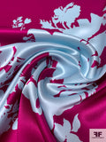 Floral Bouquet Silhouette Printed Silk Charmeuse - Berry Magenta / Icy Sky Blue
