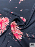Floral Petals Matte-Side Printed Silk Charmeuse - Washed Black / Pinks