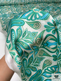 Paisley Style Printed Silk Charmeuse - Green / Turquoise / Beige / Off-White