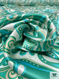 Paisley Style Printed Silk Charmeuse - Green / Turquoise / Beige / Off-White