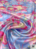 Abstract Floral Drip Printed Silk Charmeuse - Baby Blues / Pinks / Yellow