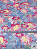 Abstract Floral Drip Printed Silk Charmeuse - Baby Blues / Pinks / Yellow