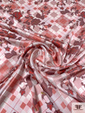 Argyle Plaid and Floral Vines Printed Silk Charmeuse - Dusty Rose / Mauve / Off-White