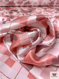 Argyle Plaid and Floral Vines Printed Silk Charmeuse - Dusty Rose / Mauve / Off-White
