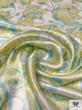 Regal Vines and Leaf Printed Silk Charmeuse - Lime Green / Sky Blue / Off-White