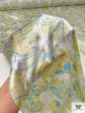 Regal Vines and Leaf Printed Silk Charmeuse - Lime Green / Sky Blue / Off-White