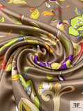 Oriental Floral Printed Silk Charmeuse - Taupe / Purple / Lime / Marigold