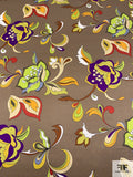 Oriental Floral Printed Silk Charmeuse - Taupe / Purple / Lime / Marigold