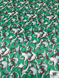 Exotic Floral Printed Silk Charmeuse - Parakeet Green / Dark Taupe / Icy Sky