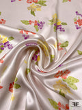 Watercolor Floral Bouquets Printed Silk Charmeuse - Coral-Berry / Violet / Lime / Light Ivory