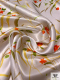 Floral Stalk Leaves Printed Silk Charmeuse - Yellow / Orange / Green / Off-White