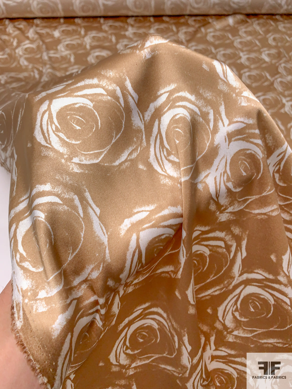 Brushed Floral Printed Stretch Silk Charmeuse - Golden Tan/Off-White