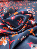 Stencil Floral Border Pattern Printed Silk Charmeuse - Muted Navy / Orange / Hot Coral