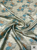 Paisley Leaf and Pin Dot Printed Silk Charmeuse - Turquoise / Peach / Ivory / Cream