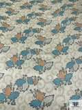 Paisley Leaf and Pin Dot Printed Silk Charmeuse - Turquoise / Peach / Ivory / Cream