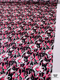 Exotic Floral Printed Silk Charmeuse - Berry Pink / Black / White / Grey