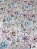 Floral Sketch Printed Silk Charmeuse - Sage / Dusty Purple / Turquoise / Brown