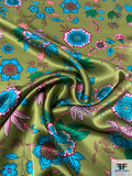 Floral Printed Silk Charmeuse - Olive Green / Turquoise / Pink