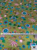 Floral Printed Silk Charmeuse - Olive Green / Turquoise / Pink