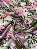 Pucci-esque Paisley-Like Printed Silk Charmeuse - Olive Green / Light Green / Pink Magenta