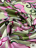 Pucci-esque Paisley-Like Printed Silk Charmeuse - Olive Green / Light Green / Pink Magenta