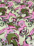 Pucci-esque Paisley-Like Printed Silk Charmeuse - Olive Green / Light Green / Pink Magenta