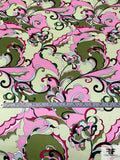 Pucci-esque Paisley-Like Printed Silk Charmeuse - Olive Green / Light Green / Pink Magenta