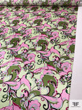 Pucci-esque Paisley-Like Printed Silk Charmeuse - Olive Green / Light Green / Pink Magenta