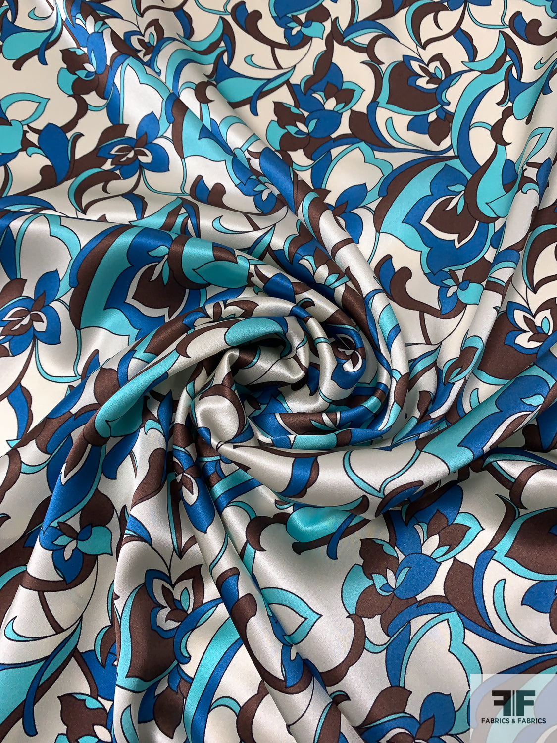 Exotic Floral Printed Silk Charmeuse - Blues / Brown / Off-White