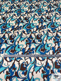 Exotic Floral Printed Silk Charmeuse - Blues / Brown / Off-White