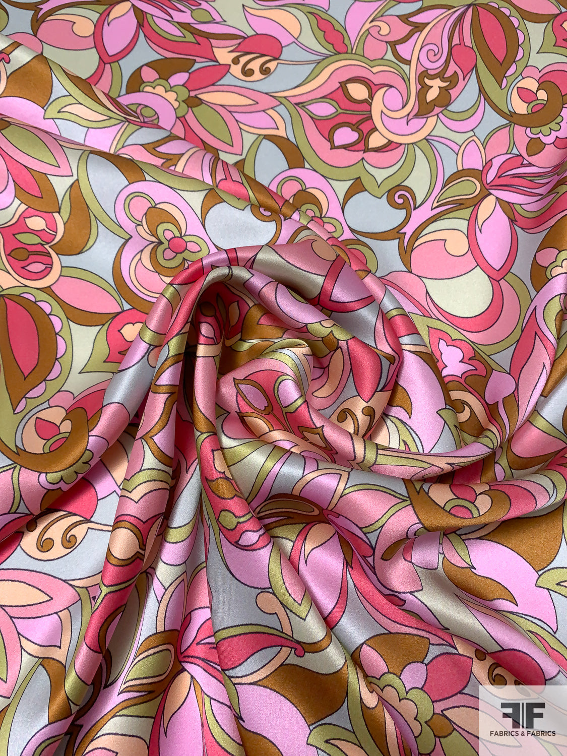 Pucci Inspired Floral Printed Silk Charmeuse - Pinks/Lime/Ochre