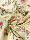 Floral and Leaf Stems Printed Silk Shantung - Cream / Greens / Turmeric / Cranberry