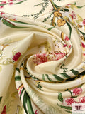 Floral and Leaf Stems Printed Silk Shantung - Cream / Greens / Turmeric / Cranberry