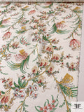 Floral and Leaf Stems Printed Silk Ottoman-Faille - Green / Mustard Yellow / Brick Red / Off-White