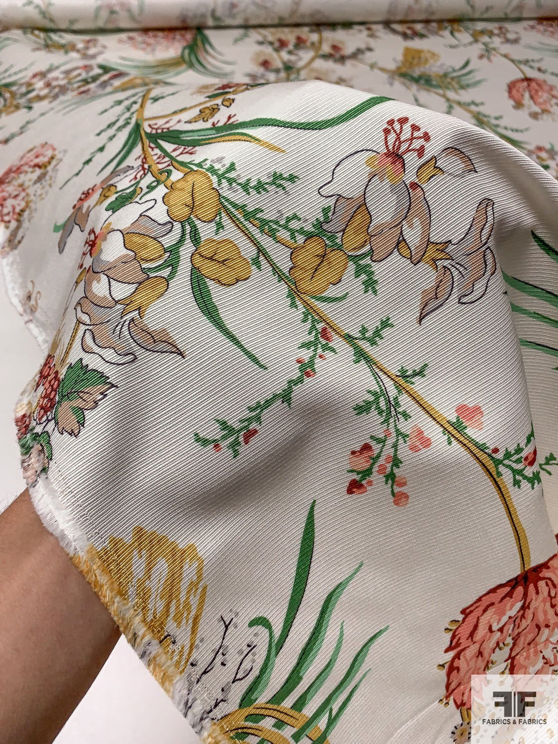 Floral and Leaf Stems Printed Silk Ottoman-Faille - Green/Mustard Yellow/Brick Red/Off-White | FABRICS & FABRICS Fabrics & Fabrics Floral and Leaf Stems Printed Silk Ottoman-Faille - Green/Mustard Yellow/Brick Red/Off-White | FABRICS & FABRICS Fabrics & Fabrics