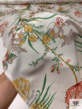 Floral and Leaf Stems Printed Silk Ottoman-Faille - Green / Mustard Yellow / Brick Red / Off-White