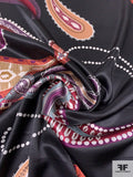 Border Pattern Paisley Printed Silk Charmeuse - Black / Purples / Cranberry / Tan / White