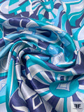 Ethno-Geometric Inspired Printed Silk Charmeuse - Sky Blue / Navy / Turquoise / Grey / White