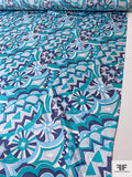 Ethno-Geometric Inspired Printed Silk Charmeuse - Sky Blue / Navy / Turquoise / Grey / White