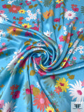 Floral Printed Silk Charmeuse - Clearwater Blue / Pinks / Orange / Yellow / White