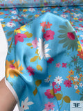 Floral Printed Silk Charmeuse - Clearwater Blue / Pinks / Orange / Yellow / White