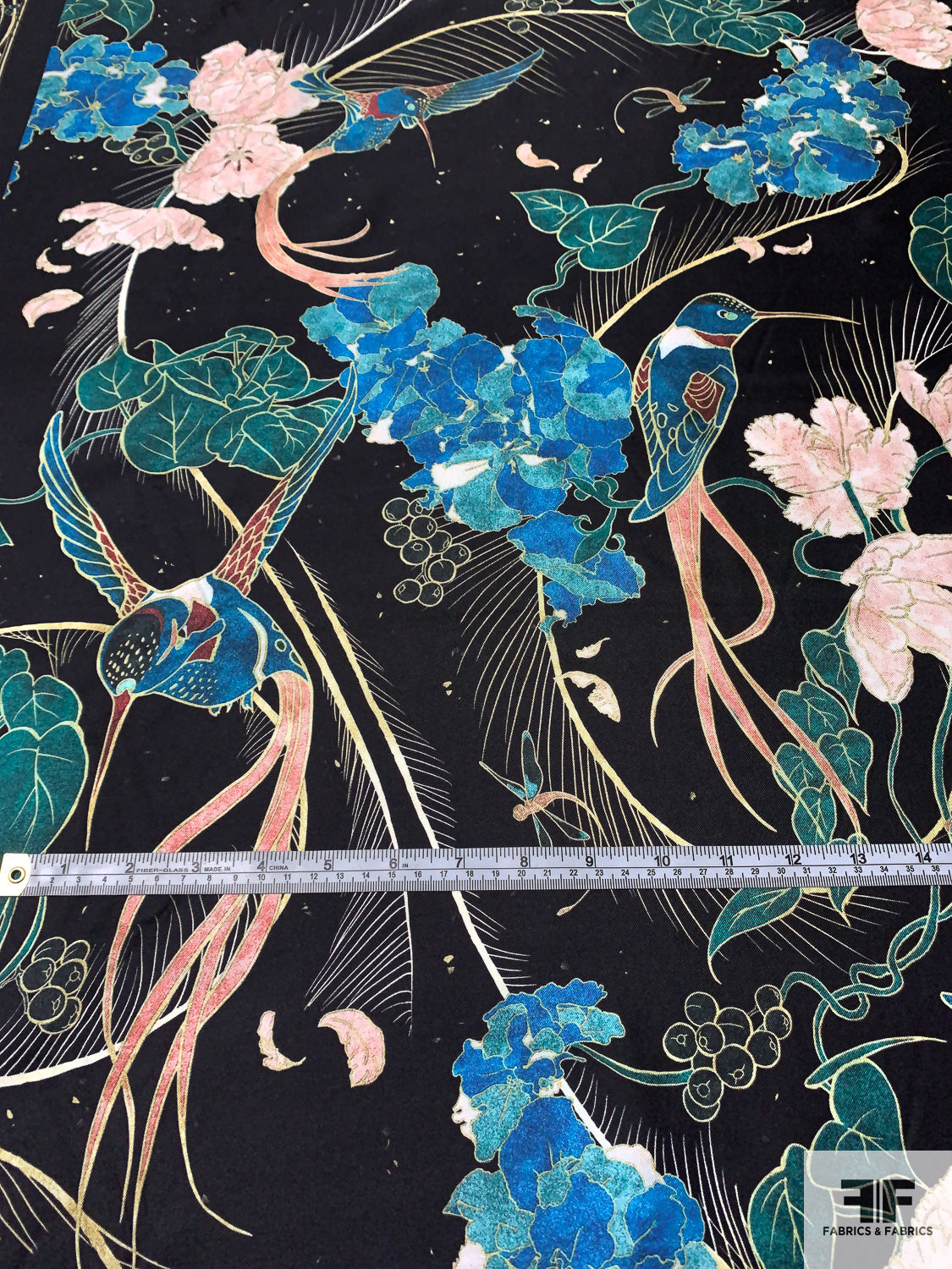 Marchesa Birds and Floral Printed Fine Silk Twill - Jet Black / Teal / Coral / Blush