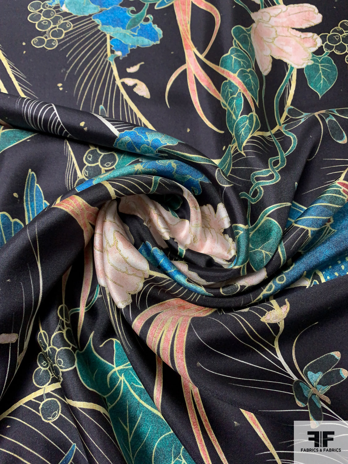 Marchesa Birds and Floral Printed Fine Silk Twill - Black / Teal / Coral / Blush