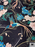 Marchesa Birds and Floral Printed Fine Silk Twill - Black / Teal / Coral / Blush