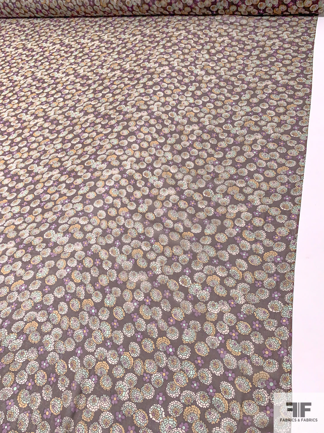 Floral Clusters Printed Silk Chiffon - Eggplant / Seafoam / Purple / Tan / Off-White