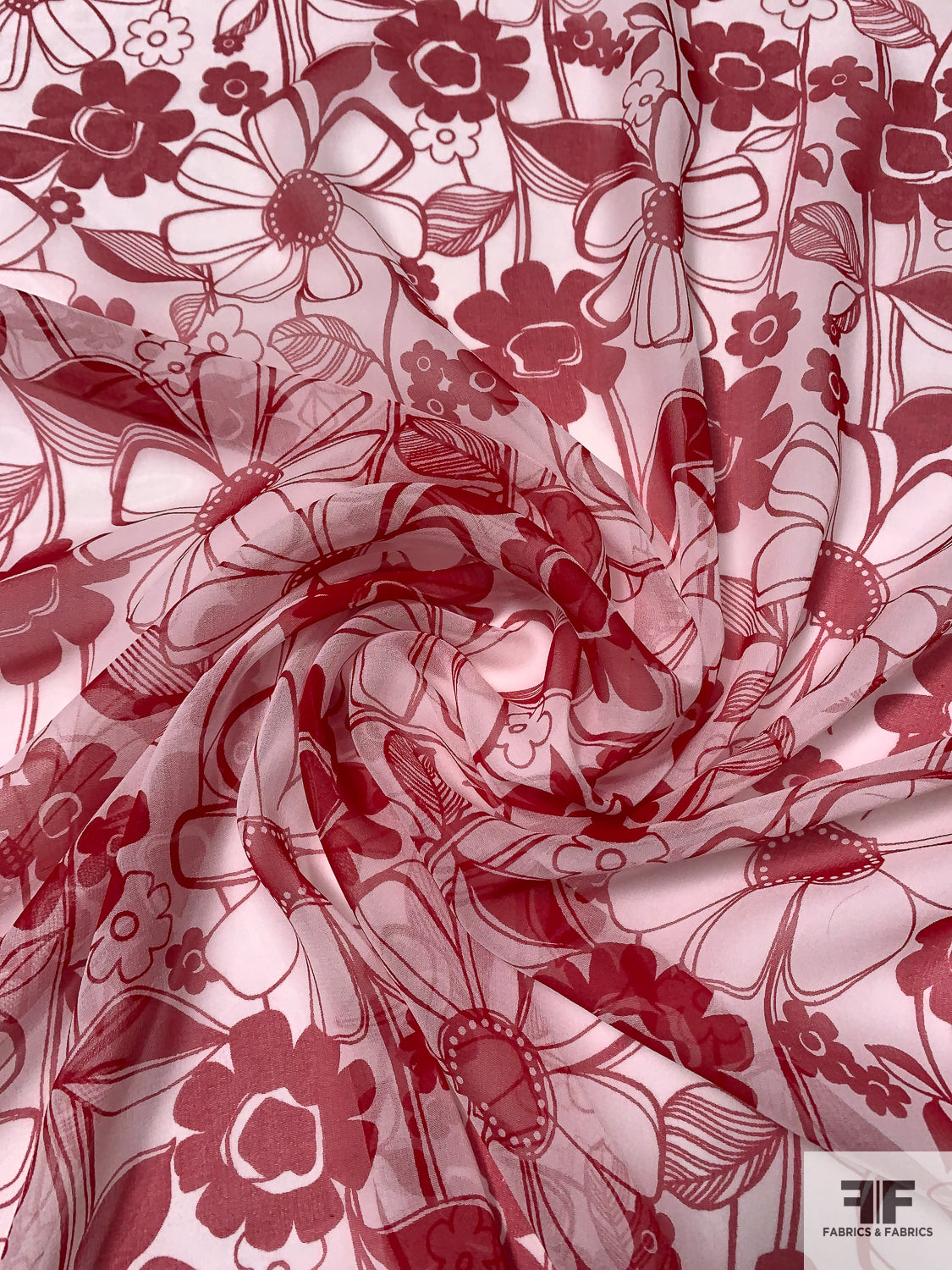 Floral Printed Silk Chiffon - Red/Off-White