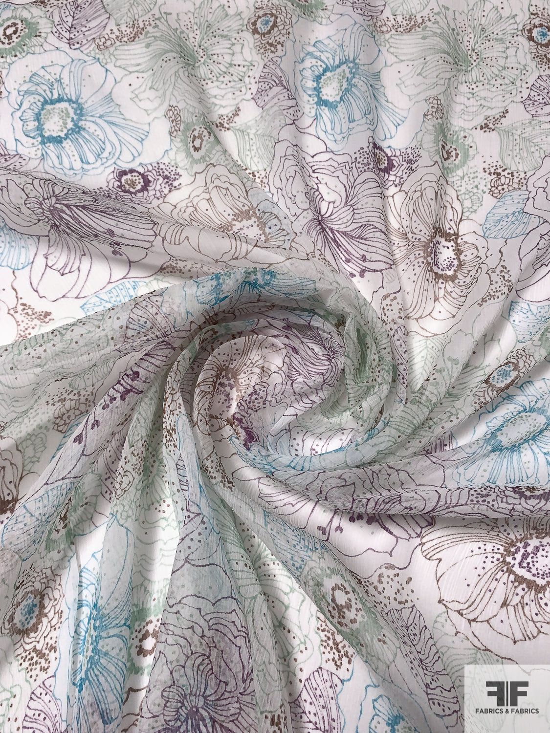 Floral Sketch Printed Crinkled Silk Chiffon - Light Sage / Purple / Turquoise / Brown