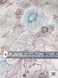Floral Sketch Printed Crinkled Silk Chiffon - Light Sage / Purple / Turquoise / Brown
