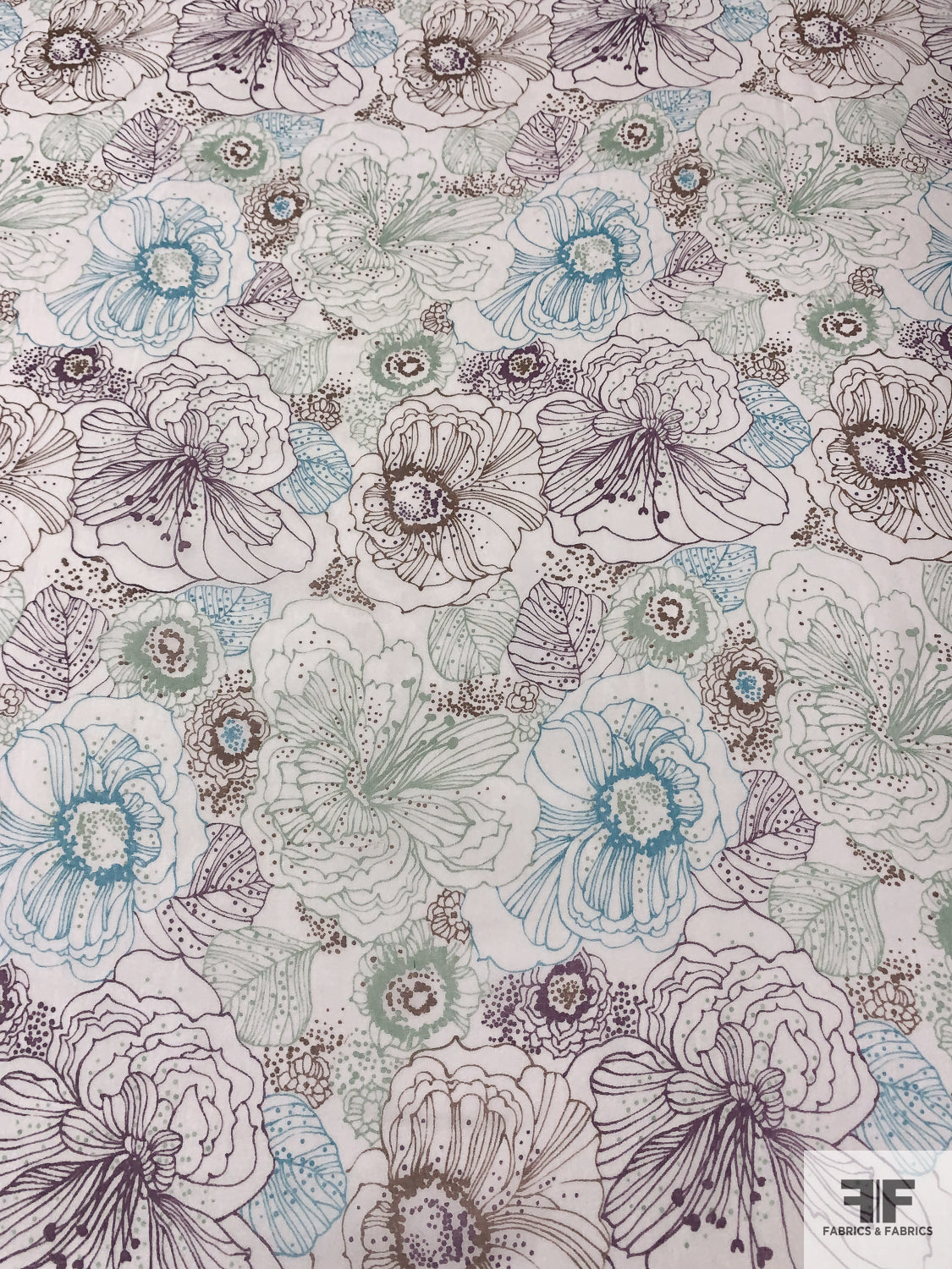 Floral Sketch Printed Silk Chiffon - Light Sage / Purple / Turquoise / Brown