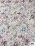 Floral Sketch Printed Silk Chiffon - Light Sage / Purple / Turquoise / Brown
